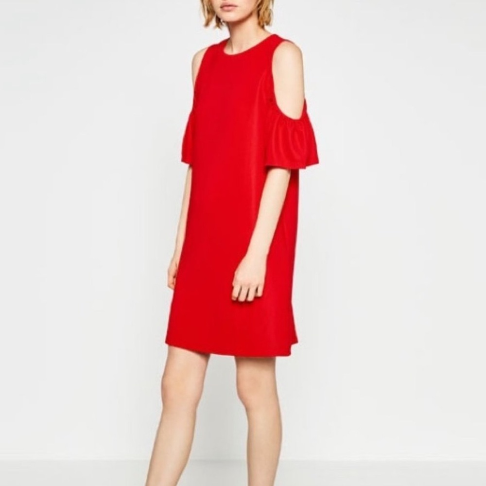 Zara Ruffle Cold Shoulder Dress- Red - Picture 3 of 7